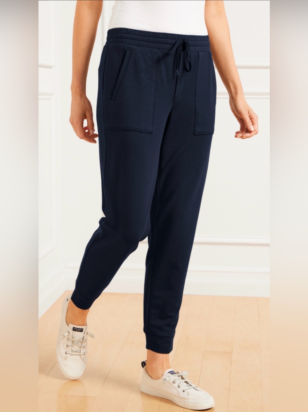 T by Talbots Modal French Terry Navy Drawstring Waist Joggers, Cotton Blend, L